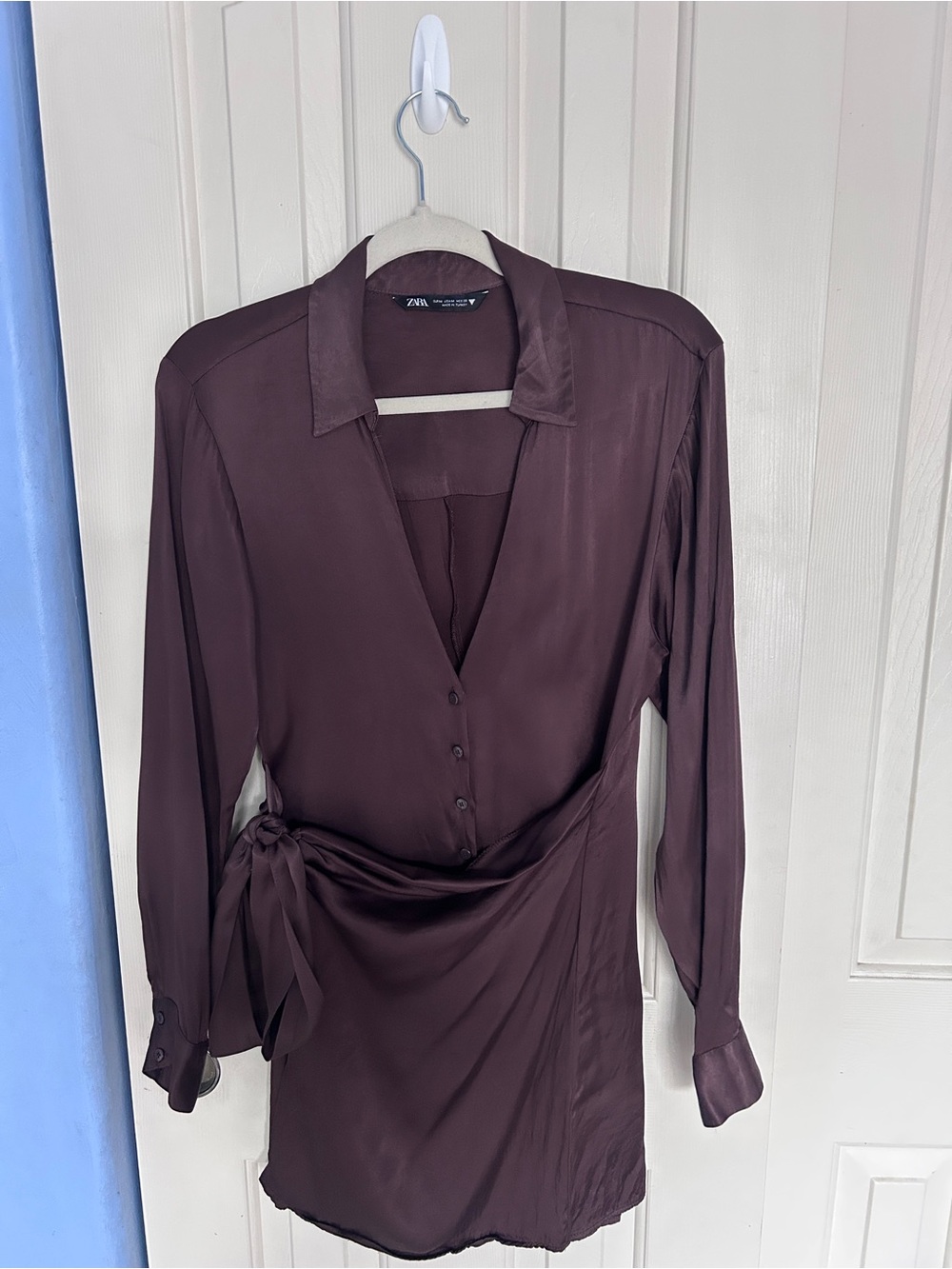 Zara Deep Plum Wrap-Tie Long Sleeve Dress